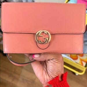 Gucci Coral Pink Leather Interlocking G Wristlet Clutch